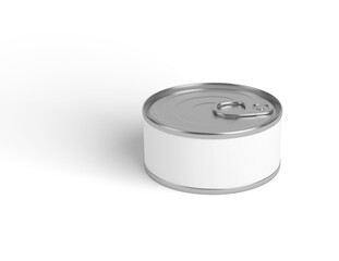 food tin Can with blank white label isolated on white, Tin can, fish or pet food mockup with pull ring, open key, Aluminium preserve canister. 3d illustration, 3d rendering