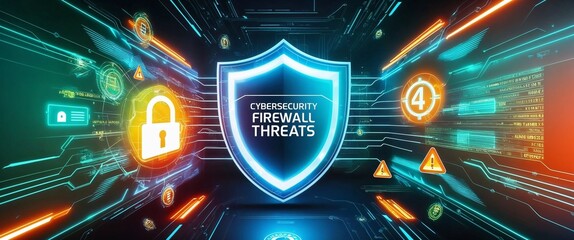 Cybersecurity concept with a shield illustrating firewall threats and digital elements.
