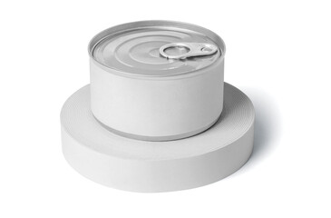 food tin Can with blank white label isolated on white, Tin can, fish or pet food mockup with pull ring, open key, Aluminium preserve canister. 3d illustration, 3d rendering
