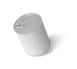 food tin Can with blank white label isolated on white, Tin can, fish or pet food mockup with pull ring, open key, Aluminium preserve canister. 3d illustration, 3d rendering