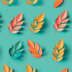 Obraz premium A blue background with a pattern of leaves in various colors