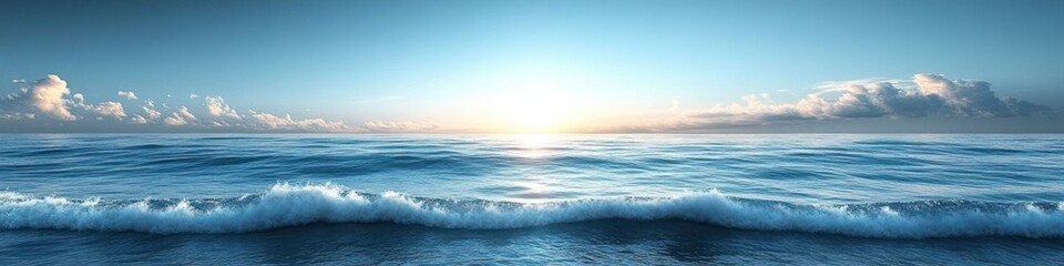 Fototapeta premium Serene ocean view at sunrise with gentle waves and clear sky.
