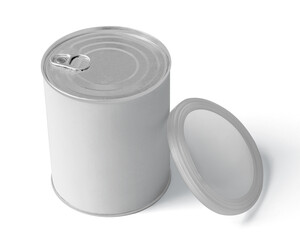 food tin Can with blank white label isolated on white, Tin can, fish or pet food mockup with pull ring, open key, Aluminium preserve canister. 3d illustration, 3d rendering