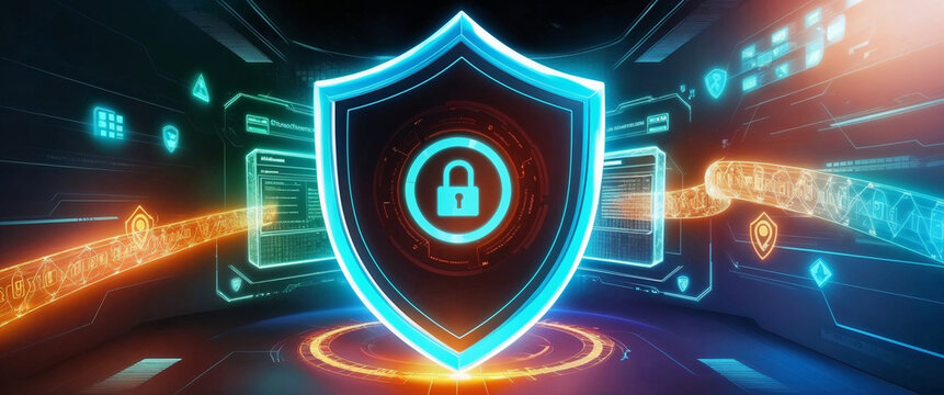 A futuristic digital shield representing cybersecurity and data protection with glowing elements on a dark background.