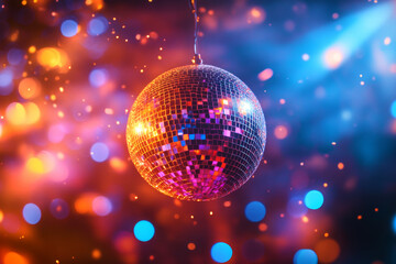 Obraz premium Sparkling disco ball reflecting vibrant lights on a lively dance floor at night