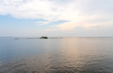 Natural photo of Viewpoint Public park Kalong beach, Samut Sakhon Thailand. Mangrove forest landscape estuary of the Gulf of Thai brackish sea water with a cloudy evening sky.