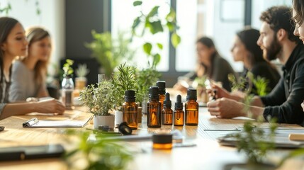 aroma DIY session, seven people are sitting at a table, they are having a good time, they are making an essential oil:0.1 , on the table there is a pen