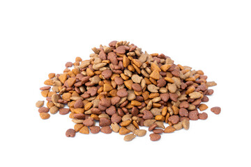 Pet treats with contains essential flavors and nutrients. Cat crunchy biscuits. Pile of dry cat food pellets come in heart, triangle and fish shapes isolated on white background.