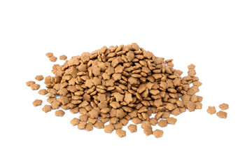 Pet treats with contains essential flavors and nutrients. Cat crunchy biscuits. Pile of dry cat food pellets come is a a brown star shaped isolated on white background.