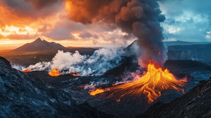A powerful volcanic eruption unfolds as glowing lava cascades down the mountain, illuminated by the fiery sunset in the background, with smoke billowing into the sky