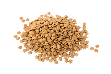Pet treats with contains essential flavors and nutrients. Cat crunchy biscuits. Pile of dry cat food pellets come is a a brown star shaped isolated on white background.