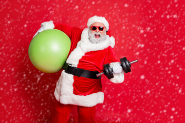 Full length body size view of his he cheerful glad cheery funky fat overweight plump gray-haired bearded man making exercise crossfit athlete isolated over bright vivid shine red background