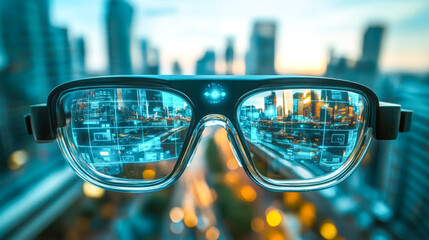 Smart glasses displaying augmented reality information over a cityscape, showcasing advanced technology and futuristic digital interaction