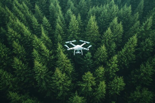 Aerial view of a drone moderning over forest, monitoring and analyzing in forestry management. Dron mapping forest after natural disaster assessing, Generative AI