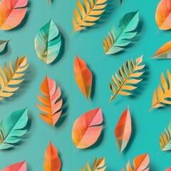 Fototapeta premium A colorful pattern of leaves is spread across a blue background
