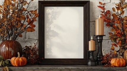 blank dark wooden frame mockup sitting on a fireplace with fall decorations