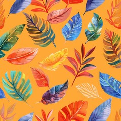 A colorful pattern of leaves is spread across an orange background