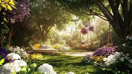 Lush garden with towering trees, a variety of flowers in white, purple, and yellow, and cozy lounge chairs. A swing adds charm to this beautiful outdoor space.