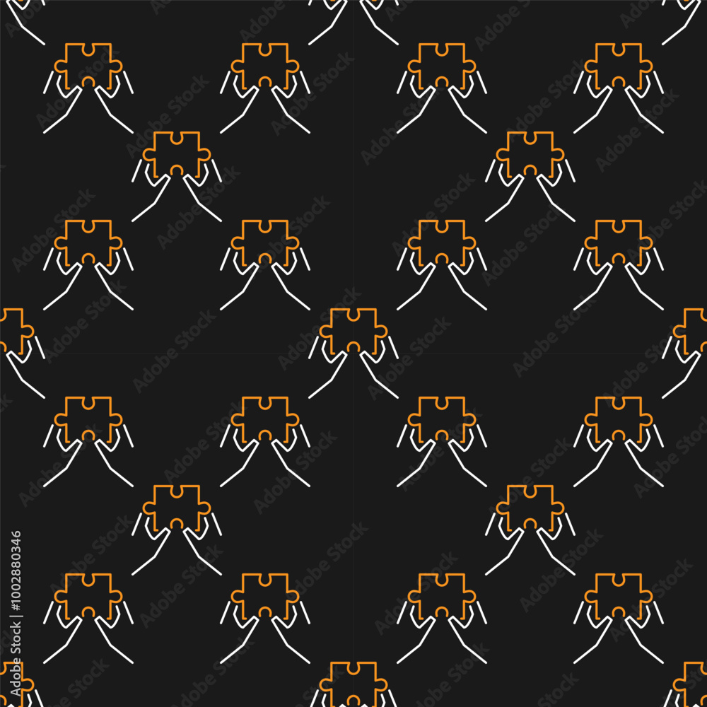 Poster hands with jigsaw puzzle vector seamless pattern in outline style