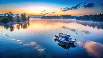 Fototapeta premium A tranquil misty morning scene on a lake at blue hour, showcasing a boat fading into the vanishing point