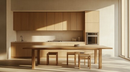 Minimalist kitchen featuring a wooden dining table at the center, surrounded by clean lines, modern appliances, and neutral tones, creating a serene and functional space.