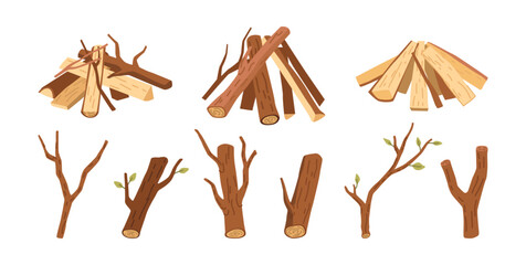 Logging twigs and wooden branches with leaves, isolated set of wood elements collection. Vector construction of chopped firewood for making fire. Lumber logs, tree trunk and planks material