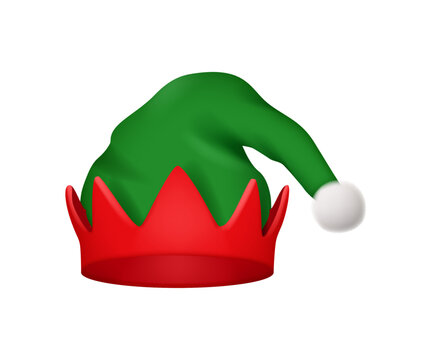 Green elf hat of Santa Claus helper, realistic 3d vector illustration. New Year cap for video chat effects. Vector illustration of xmas selfie filter character. Holiday wear accessory