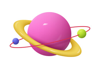 Saturn, Jupiter, Uranus, Neptune 3d icon. Planet with ring around and orbiting mini planets, fantasy globe. Vector illustration of cartoon minimal kids toy of solar system sphere © Sensvector