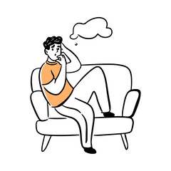 Young man sitting on couch with troubled or worried face expression thinking. Vector flat cartoon character, isolated personage with thought bubble, reflecting and brainstorming on solution