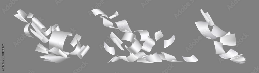Poster Flying paper sheet in different angles of view, isolated cellulose fibers products in motion. Vector realistic blank pages in air. Falling document mockup. Empty note and leaflet chaotic floating