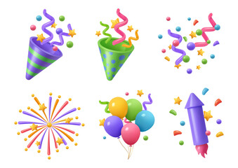 Clapper and confetti, popper for celebration or party events. Vector isolated set of 3d icons, burst of ribbons, surprise congratulation, serpentine decoration for posters or invitations © Sensvector