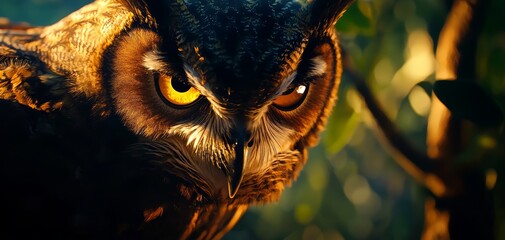 The intense gaze of an owl with a mirrored landscape in its eye, creating a powerful contrast between the predator s precision and the serenity of nature