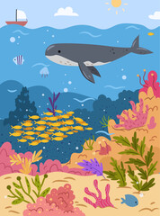 Ocean underwater life, animals and vegetal sea weed biodiversity on bottom of sea. Whale and jellyfish, fish and nature. Ship sailing on surface. Vector illustration in flat cartoon style