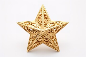 Golden Christmas Star isolated on white Background. Top View Close-Up Gold Star render
