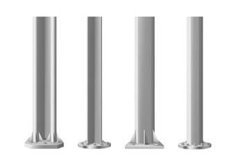 Metal poles in various shapes, steel pipes or pillars for street light. Vector set of building bearing column, vertical support for urban and industrial architecture. Base of billboard