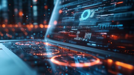 Obraz premium Close up of laptop with digital round cloud computing interface. Online storage and server concept. Double exposure. Double exposure