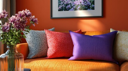 Vibrant, bold cushions on a stylish sofa, complemented by fresh flowers in a vase and a mock-up poster frame on the wall. The setup exudes warmth and modern charm.