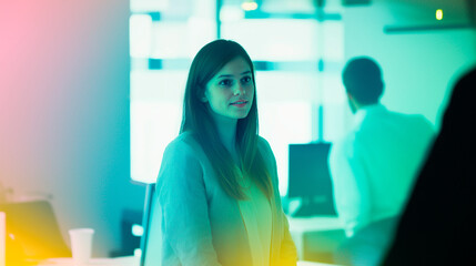 Young woman in colorful office environment with vibrant lighting