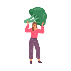 Tiny woman carrying vegetable broccoli, fresh food. Male with grocery product, little guy with vegetarian healthy food. Young person with big broccoli harvest, flat cartoon vector illustration