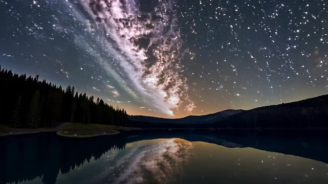 Milky way arching over tranquil lake with star reflections on water