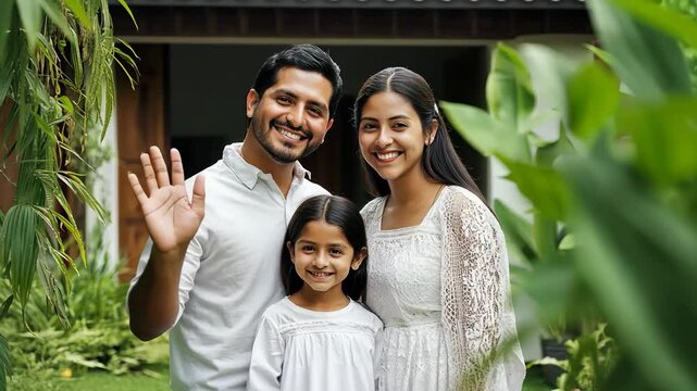 young hispanic family outside a traditional latin american house