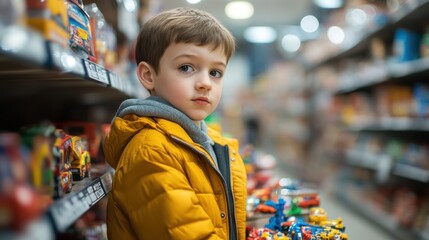 Obraz premium A young boy in a yellow jacket stands by a shelf of toys in a store.