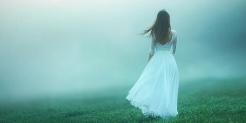 A woman in a white dress stands on the grass, the wind blowing her hair.