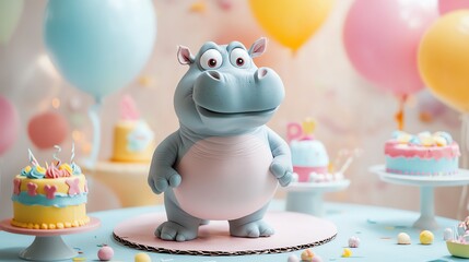 Obraz premium Hippo feeling surprised, eyes wide, standing in front of a huge cake, bright party decorations, soft pastel lighting, side view
