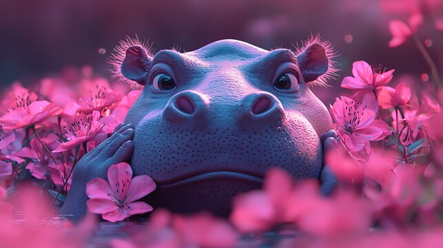 Hippo feeling bashful, covering its face with its hands, surrounded by pink flowers, soft glow lighting, eyelevel view, 3D style