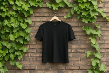 Black T shirt mockup hanging in brick wall and ivy growing up the wall