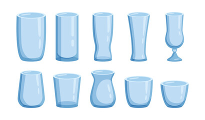 Empty cup glasses for cocktails and alcohol, coffee or tea. Vector isolated set of flat cartoon style glassware, blank drinkware for beverages in cafe, restaurant or home. Classic shiny dishware © Sensvector