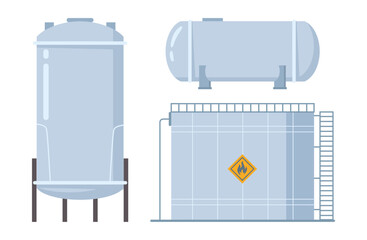 Liquefied petroleum gas reservoirs for domestic or industrial usage. Vector isolated set of containers for storage of petroleum in stations. Cylinder or tank with label of caution or danger