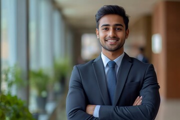 Happy indian business man in suit in modern office, Generative AI