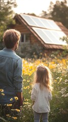 Father with his little daughter carring solar panel at their backyard. Alternative energy, saving resources and sustainable lifestyle concept, Generative AI